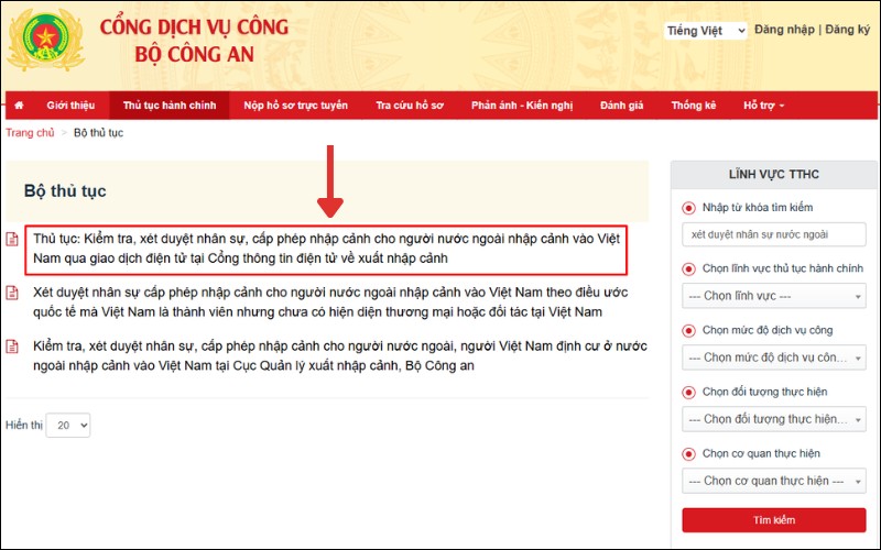 Chọn thủ tục công văn nhập cảnh
