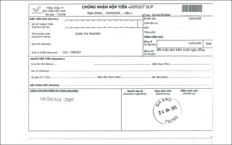 Phiếu nộp tiền đặt lịch phỏng vấn visa Mỹ