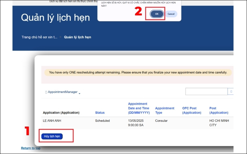 Hủy đặt hẹn phỏng vấn visa Mỹ