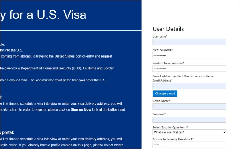 Đăng ký tài khoản đặt lịch phỏng vấn visa Mỹ