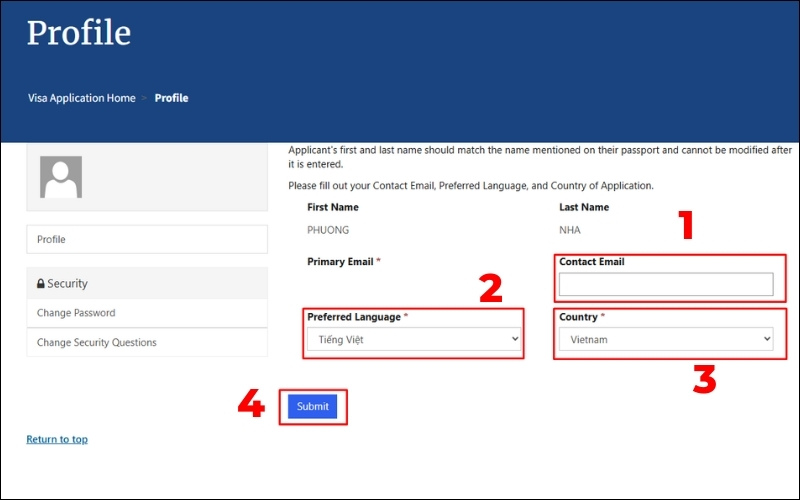 Chọn ngôn ngữ đặt lịch phỏng vấn visa Mỹ