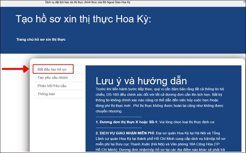 Tạo hồ sơ đặt lịch phỏng vấn visa Mỹ