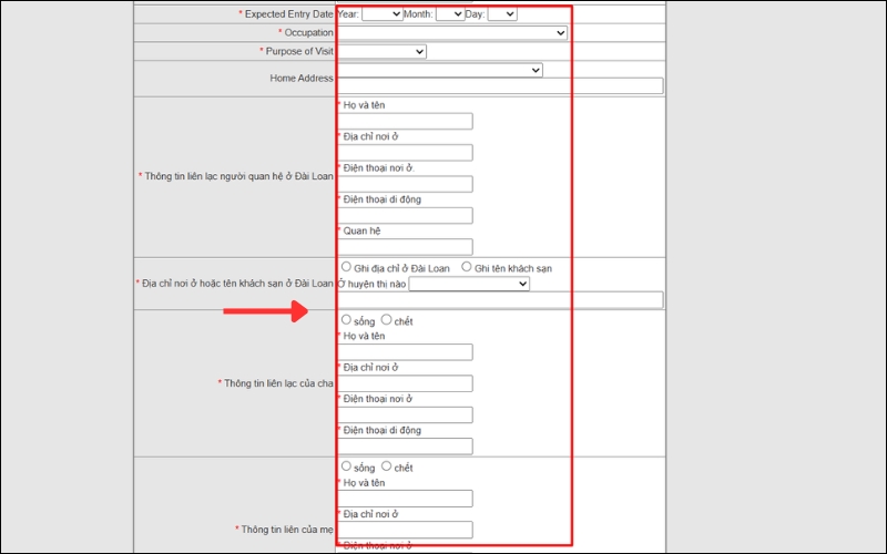 Điền thông tin E visa Đài Loan