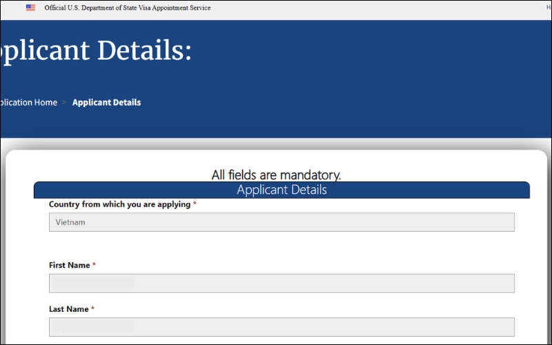 Nhập thông tin gia hạn visa Mỹ