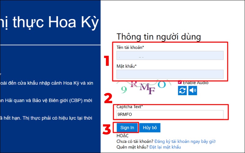Đăng nhập tài khoản gia hạn visa Mỹ
