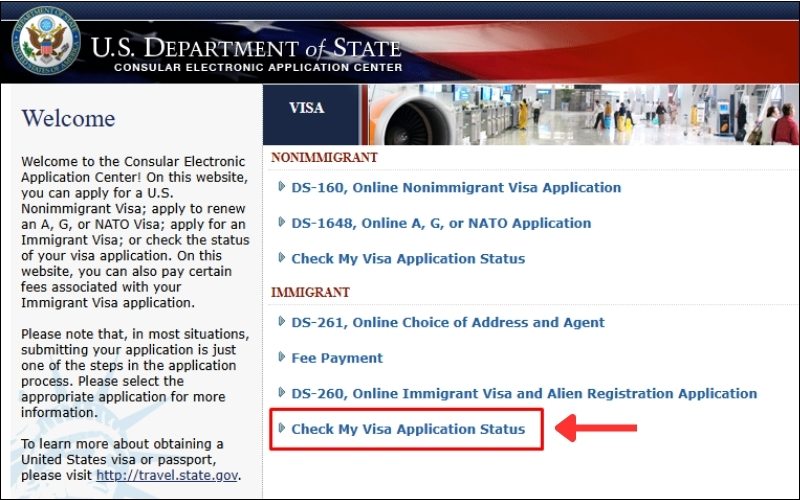 Truy cập web kiểm tra tình trạng visa Mỹ