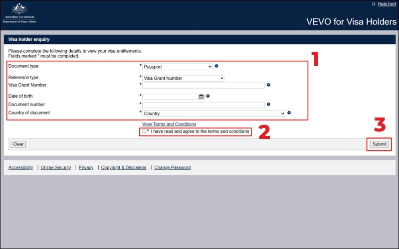Điền thông tin kiểm tra visa Úc