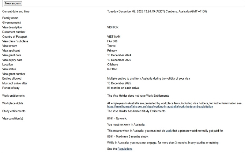 Hiển thị kết quả kiểm tra visa Úc