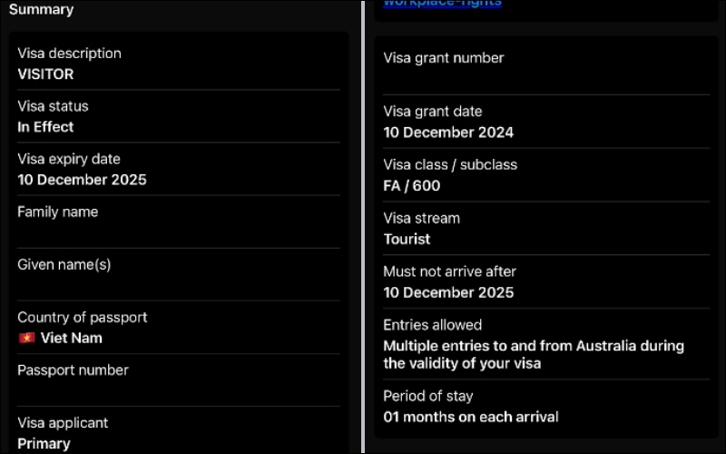 Giao diện kiểm tra visa Úc