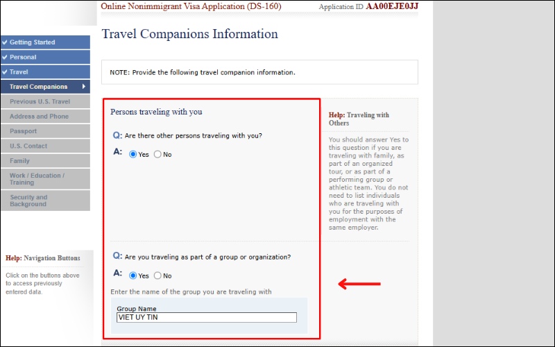 Người đi cùng mẫu đơn xin visa Mỹ DS 160
