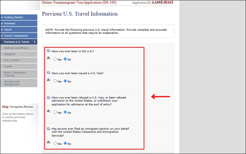Lịch sử du lịch mẫu đơn xin visa Mỹ DS 160