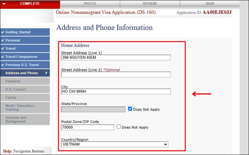 Thông tin liên lạc mẫu đơn xin visa Mỹ DS 160