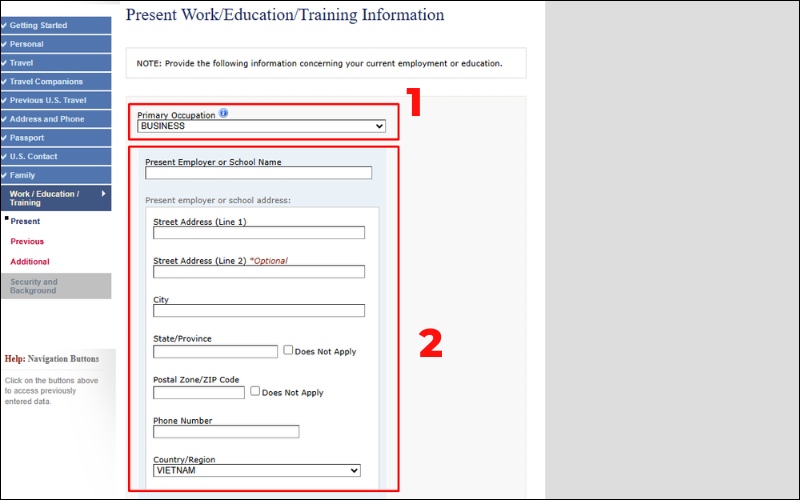 Công việc mẫu đơn xin visa Mỹ DS 160