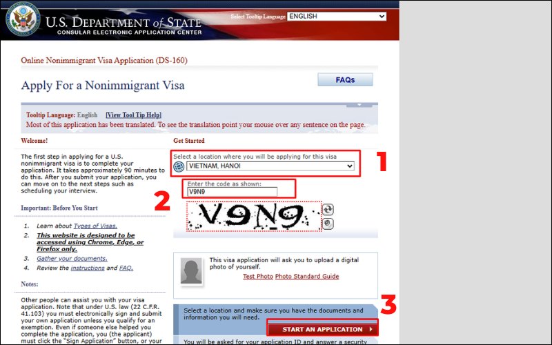 Truy cập web mẫu đơn xin visa Mỹ DS 160