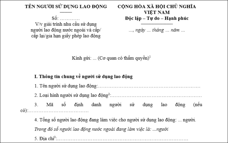 Văn bản mẫu giấy phép lao động