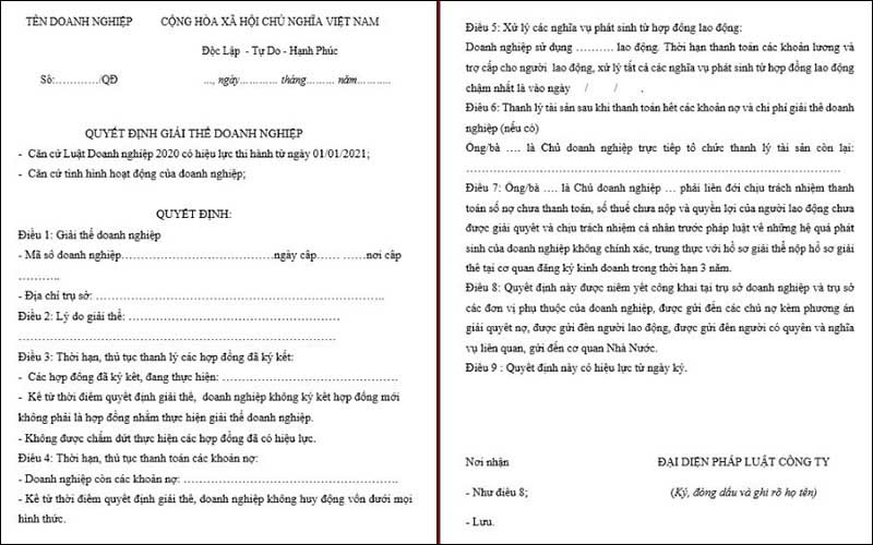 Mẫu Quyết định giải thể doanh nghiệp mới nhất