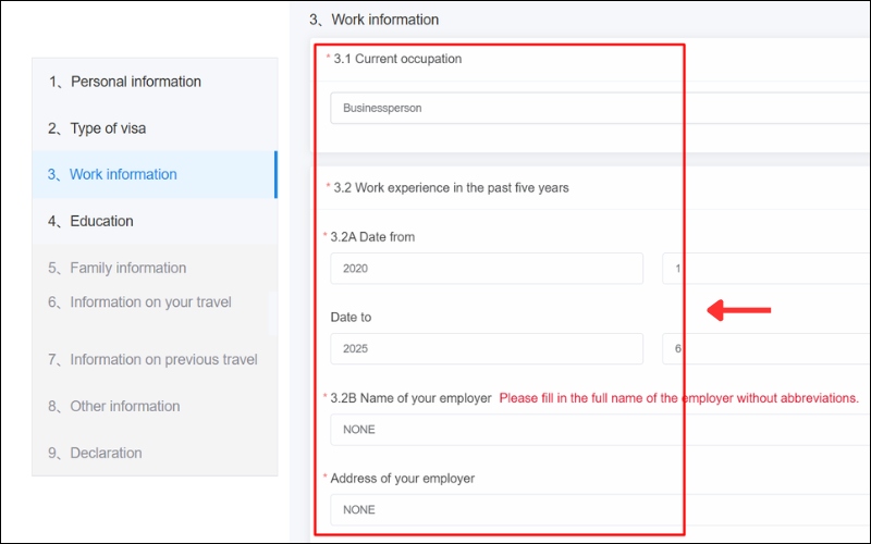 Nghề nghiệp mẫu tờ khai xin visa Trung Quốc