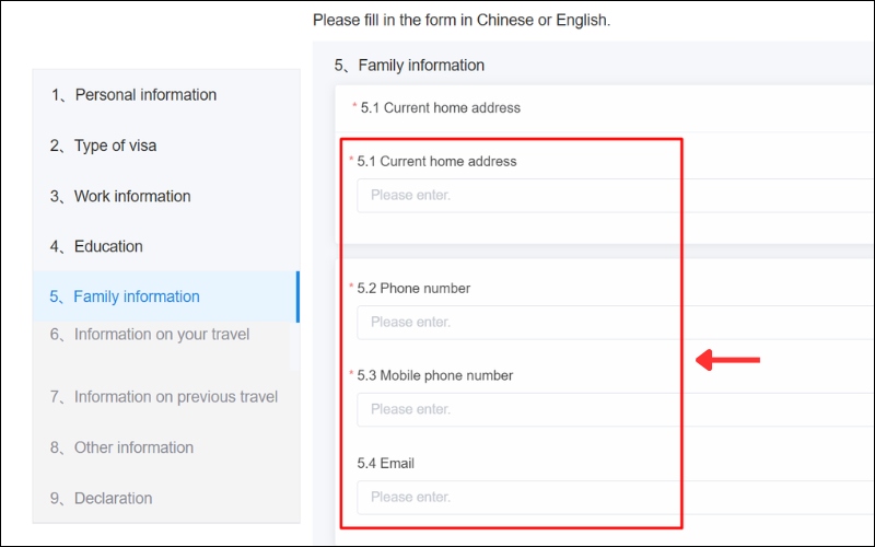 Gia đình mẫu tờ khai xin visa Trung Quốc