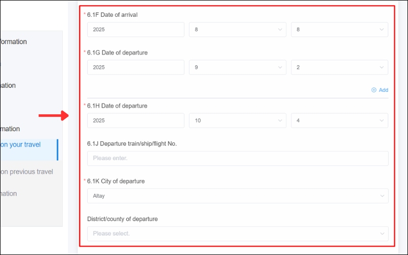 Ngày đi mẫu tờ khai xin visa Trung Quốc