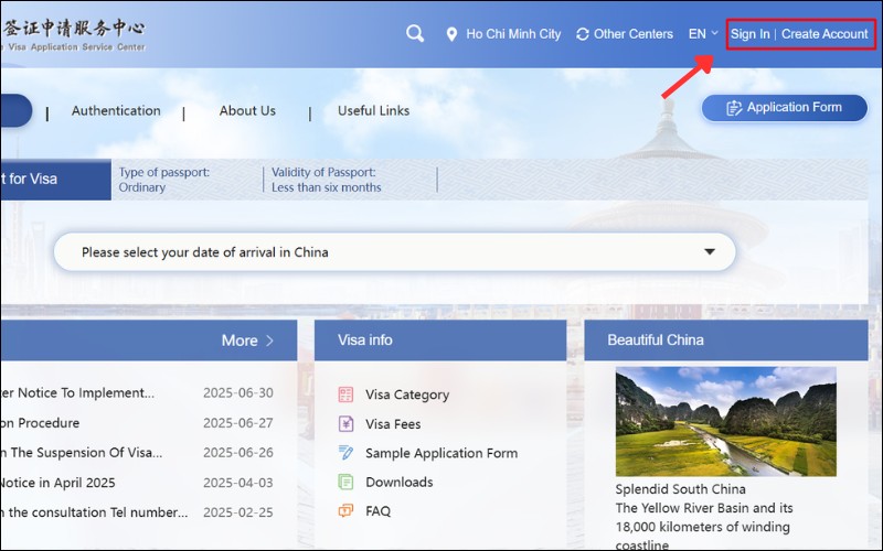 Đăng nhập mẫu tờ khai xin visa Trung Quốc