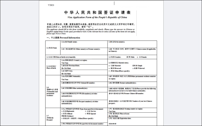 Hoàn thiện mẫu tờ khai xin visa Trung Quốc