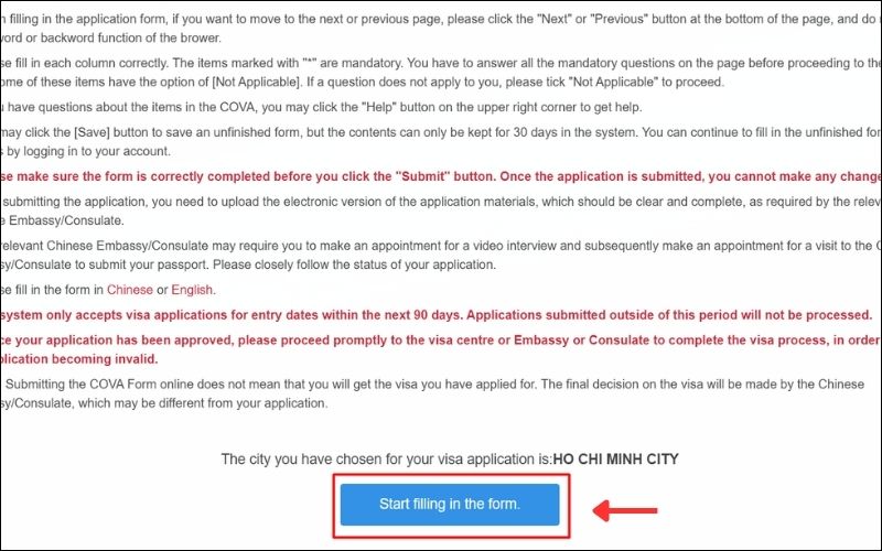 Bắt đầu điền mẫu tờ khai xin visa Trung Quốc