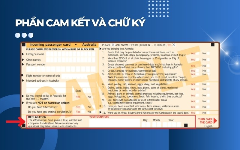 Cam kết tờ khai nhập cảnh Úc