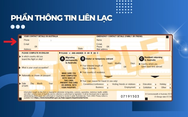 Thông tin liên lạc tờ khai nhập cảnh Úc