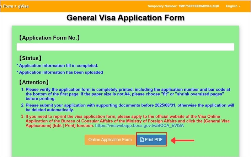 In tờ đơn visa Đài Loan