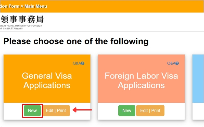Tạo đơn visa Đài Loan