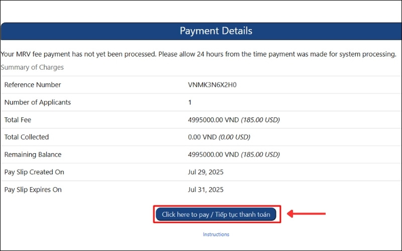 Thanh toán phí visa du lịch Mỹ