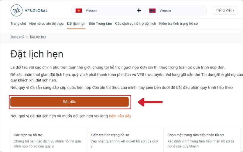 Bắt đầu đặt hẹn visa Na Uy