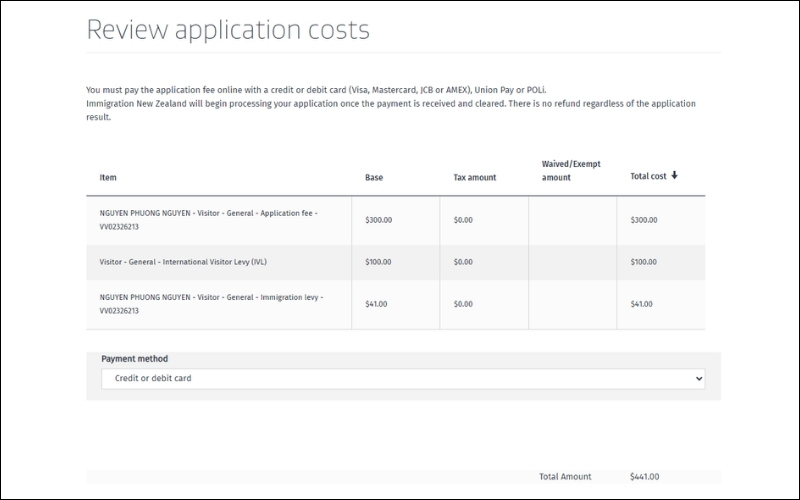 Thanh toán phí visa New Zealand
