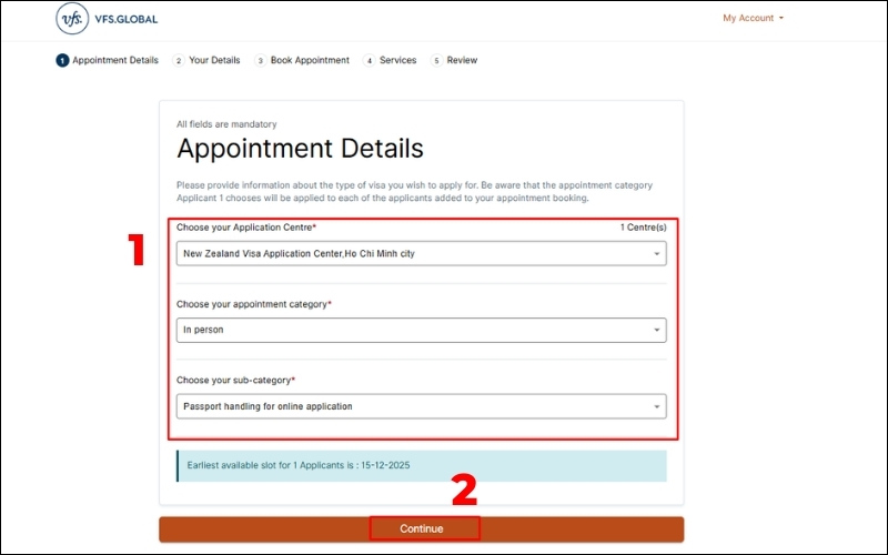 Chọn thông tin cuộc hẹn visa New Zealand