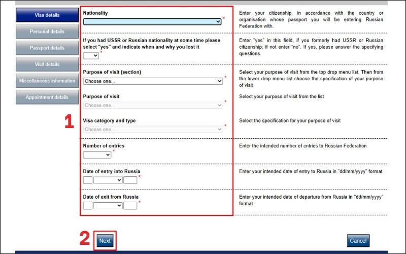 Điền thông tin visa Nga