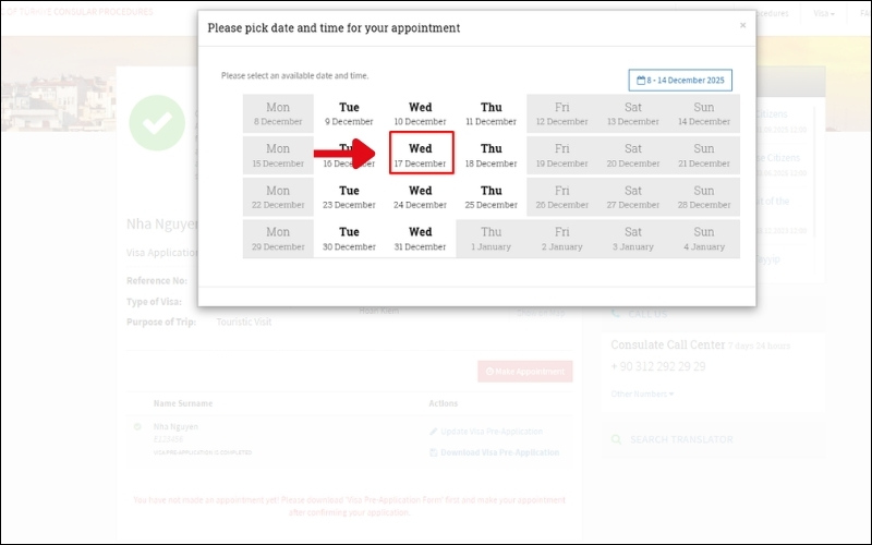 Chọn ngày đặt hẹn