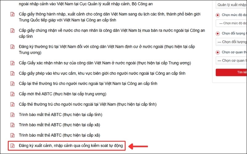 Chọn thủ tục xuất nhập cảnh tự động