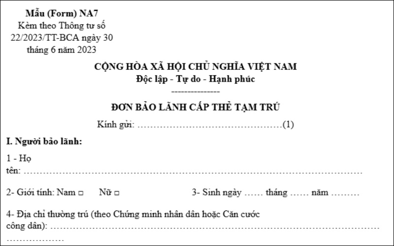 Mẫu giấy bảo lãnh tạm trú NA7 
