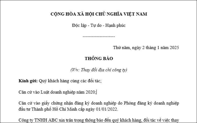 Mẫu thông báo thay đổi địa chỉ công ty tới khách hàng