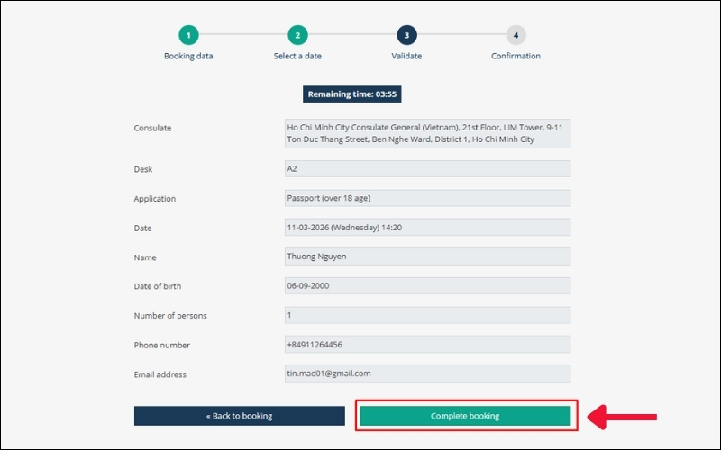 Hoàn thành đặt hẹn