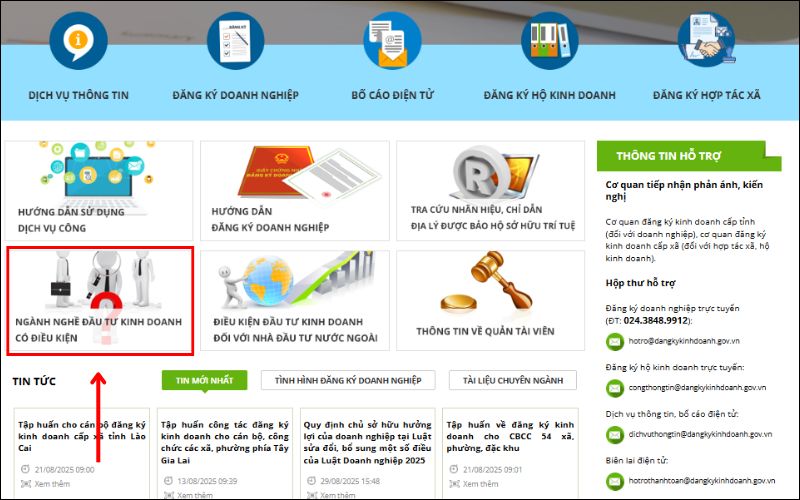 chọn mục Ngành nghề đầu tư kinh doanh có điều kiện