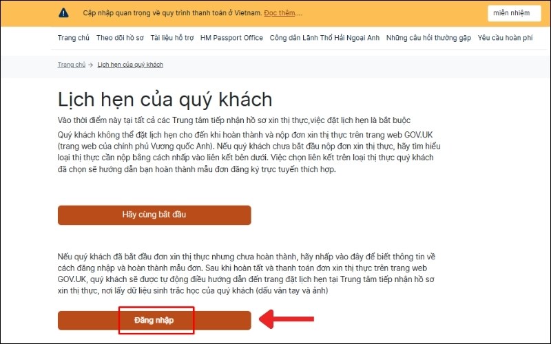 Truy cập web đặt lịch hẹn visa Anh