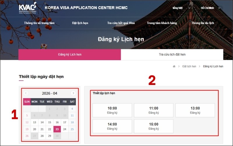 Ngày giờ đặt lịch hẹn visa Hàn Quốc