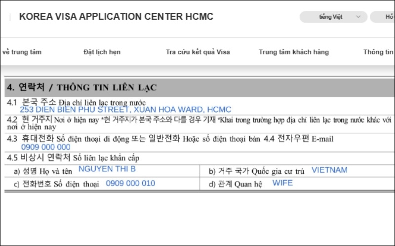 Thông tin liên lạc đơn xin visa Hàn Quốc
