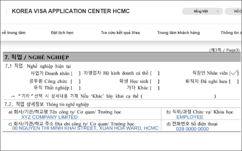 Nghề nghiệp đơn xin visa Hàn Quốc