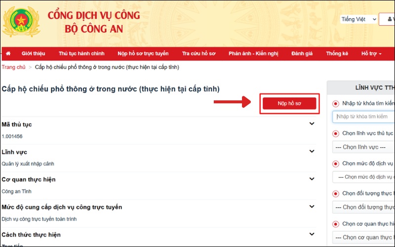 Chọn nộp hồ sơ