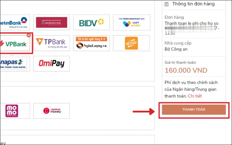 Tiến hành thanh toán