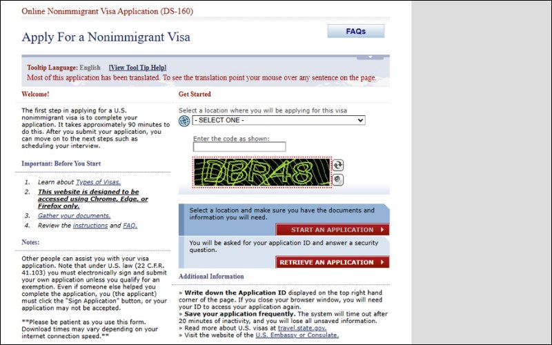 Truy cập web xin visa transit Mỹ