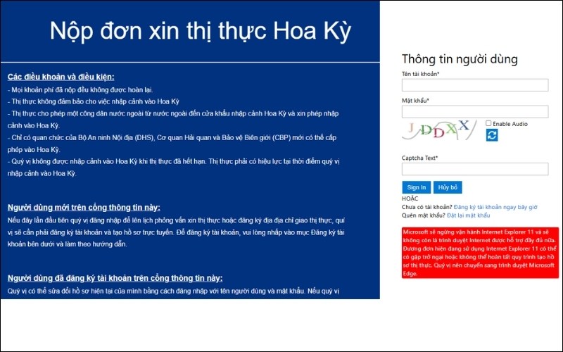 Tạo tài khoản xin visa