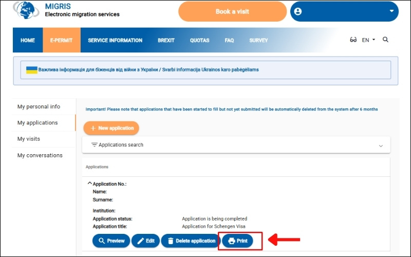 In đơn visa Lithuania
